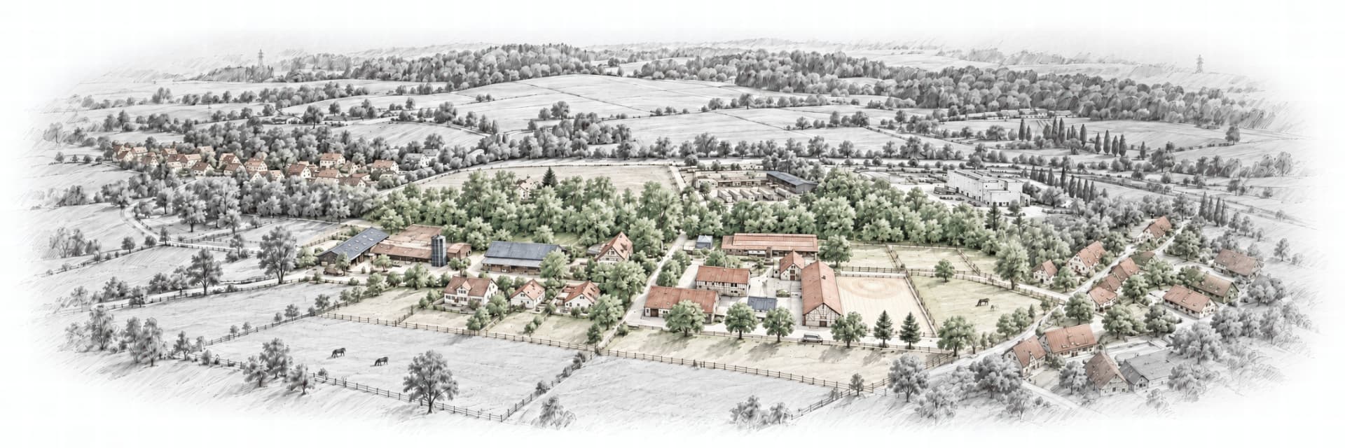 Kolorierte Luftansicht des Hofguts Bodelshofen mit Feldern, Reitanlage, Hofgebäuden und Dorf